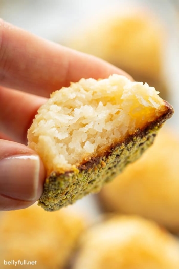 close up of coconut macaroon sliced in half