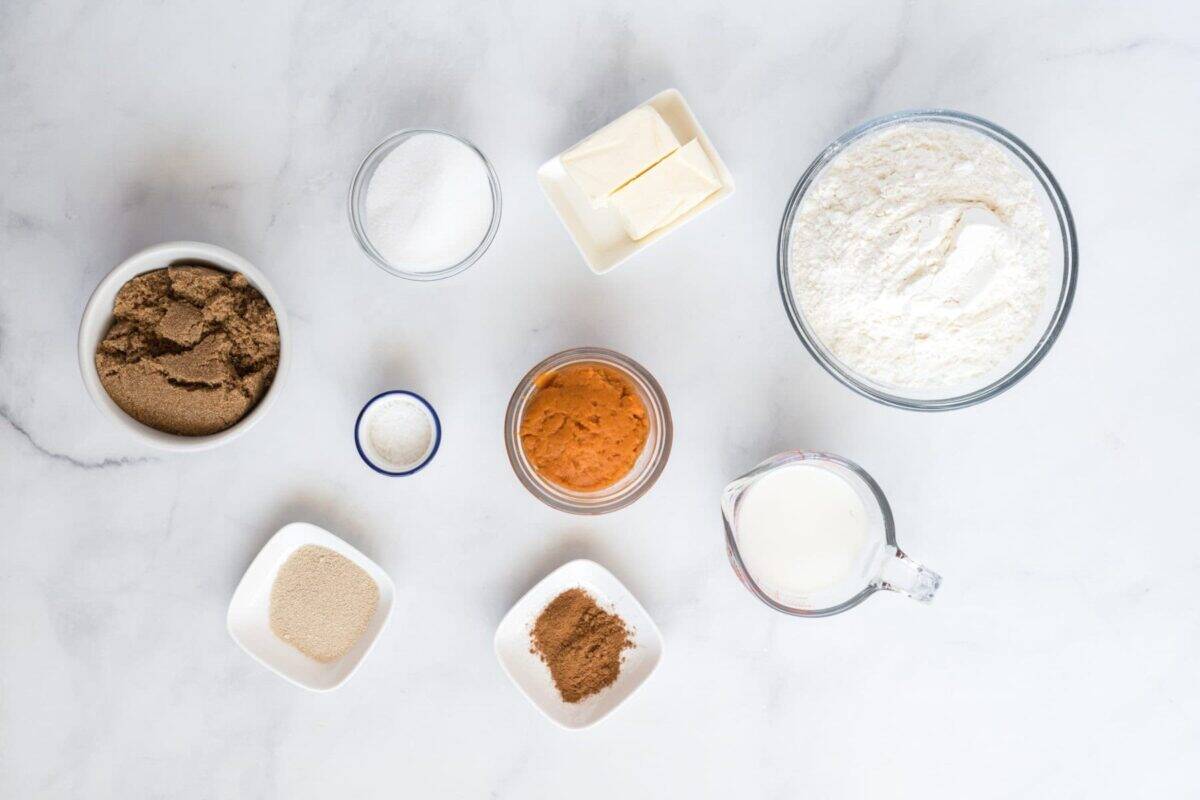 Ingredients to make pumpkin cinnamon rolls.