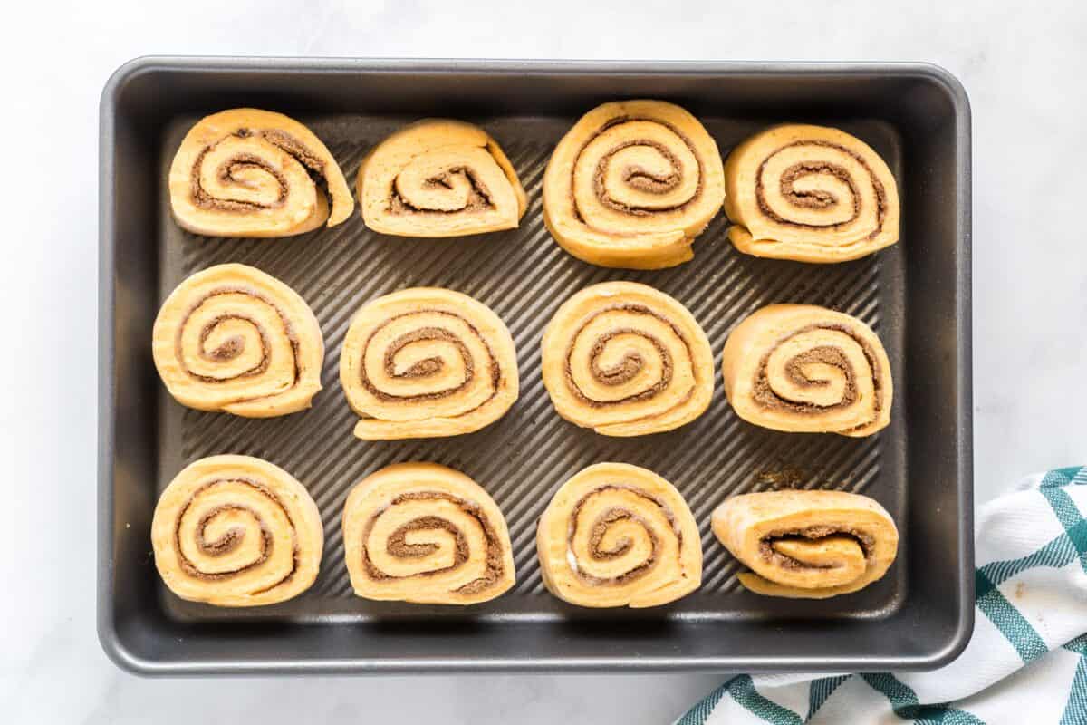 12 pumpkin cinnamon rolls rolled before proofing.