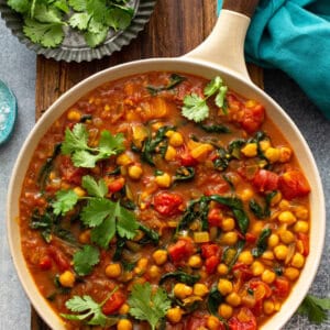 overhead of easy chickpea curry in skillet