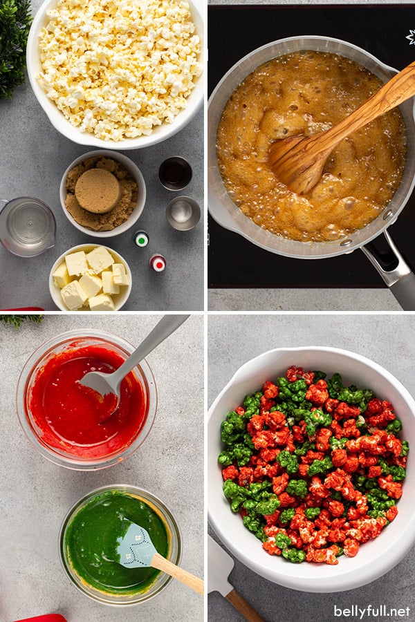 4 picture collage of caramel corn step by step process