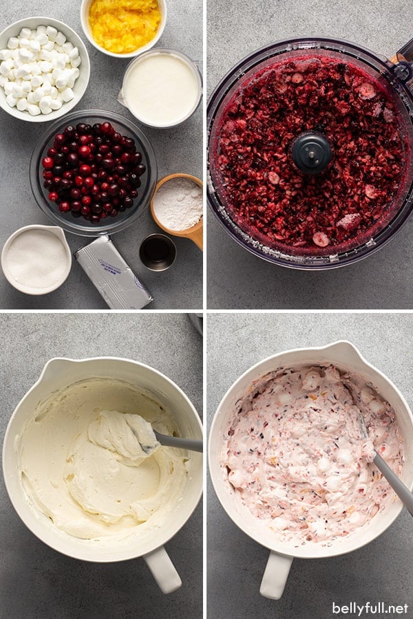 4 picture collage for cranberry fluff ingredients