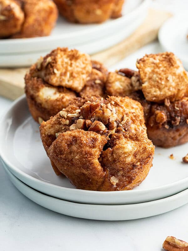 french toast muffins close up on white plate