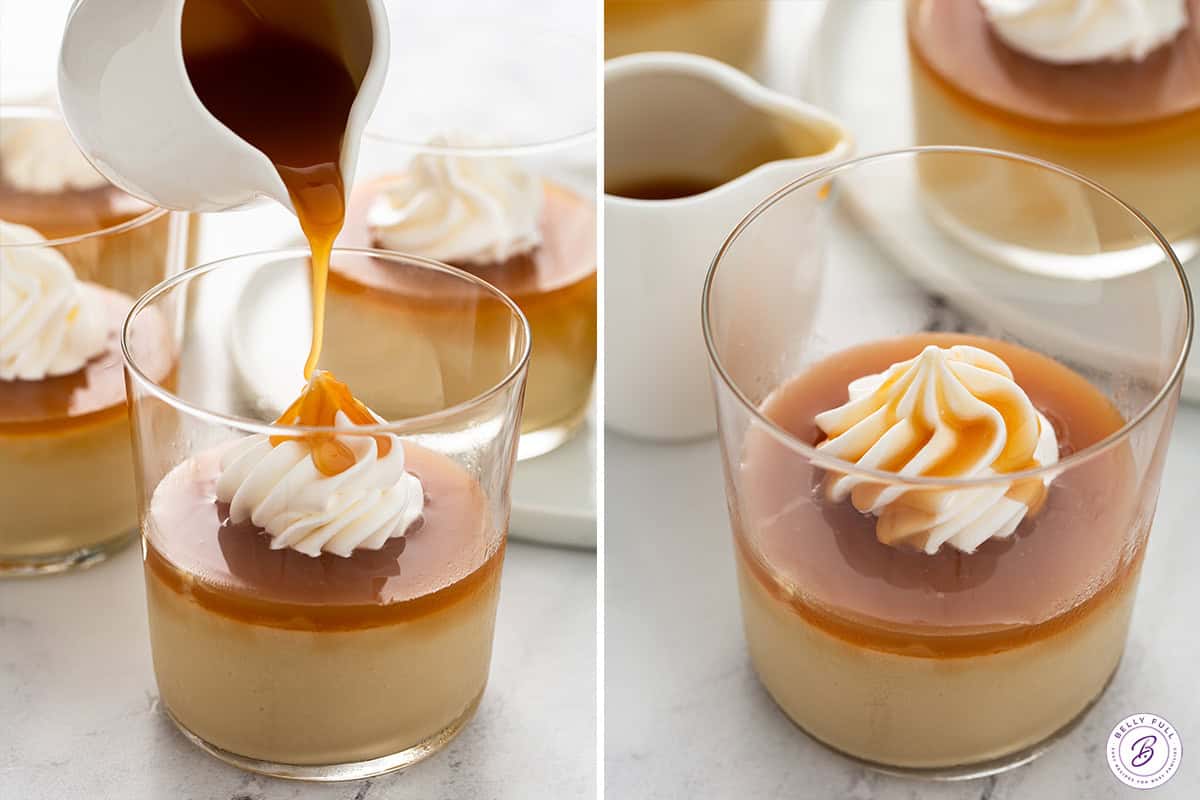 side-by-side images of caramel sauce being poured over butterscotch pudding and finished butterscotch pudding