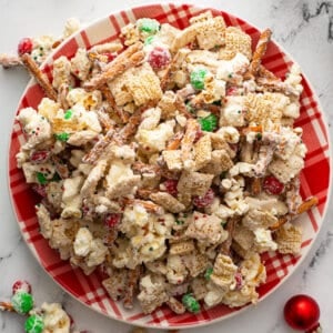 overhead of Reindeer Chow snack mix on Christmas plate