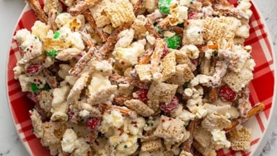 overhead of Reindeer Chow snack mix on Christmas plate