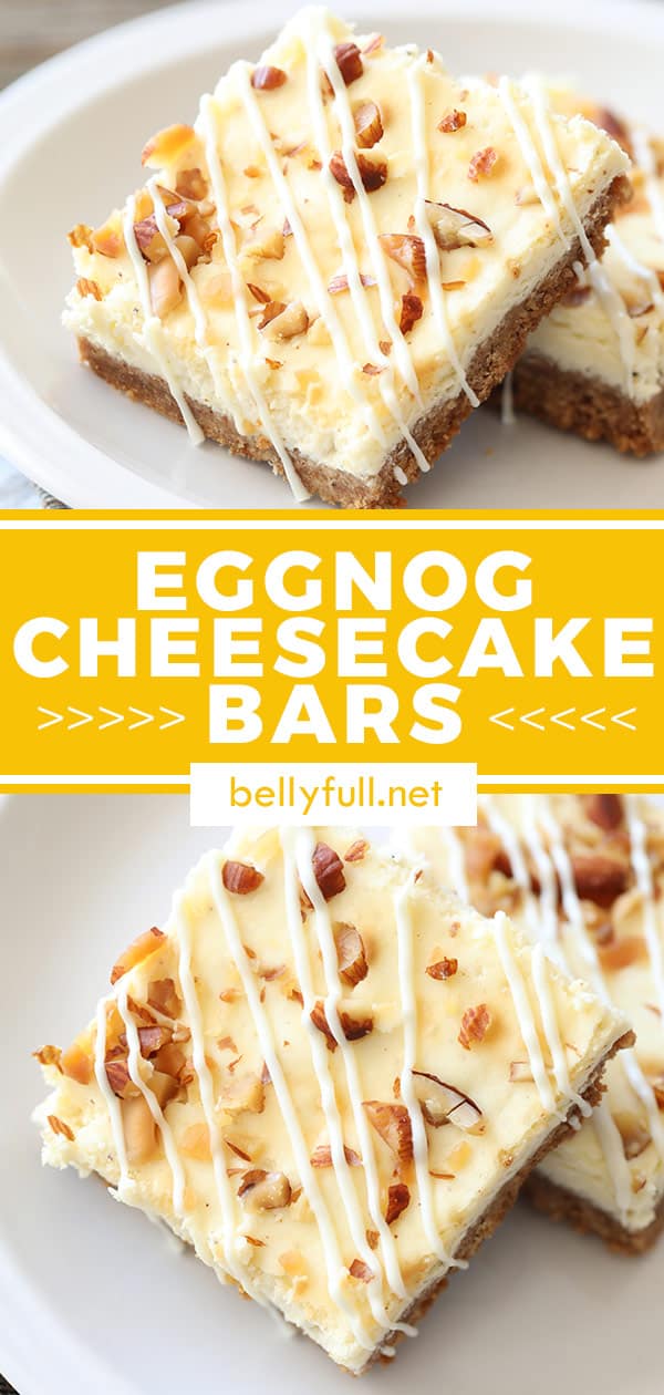 Eggnog Cheesecake Bars with White Chocolate Drizzle