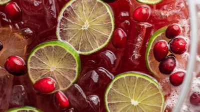 overhead close up of holiday punch garnished with cranberries and lime slices