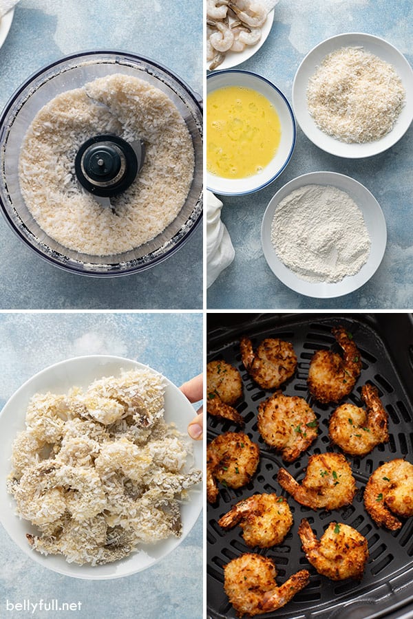 4 picture collage of how to make coconut shrimp