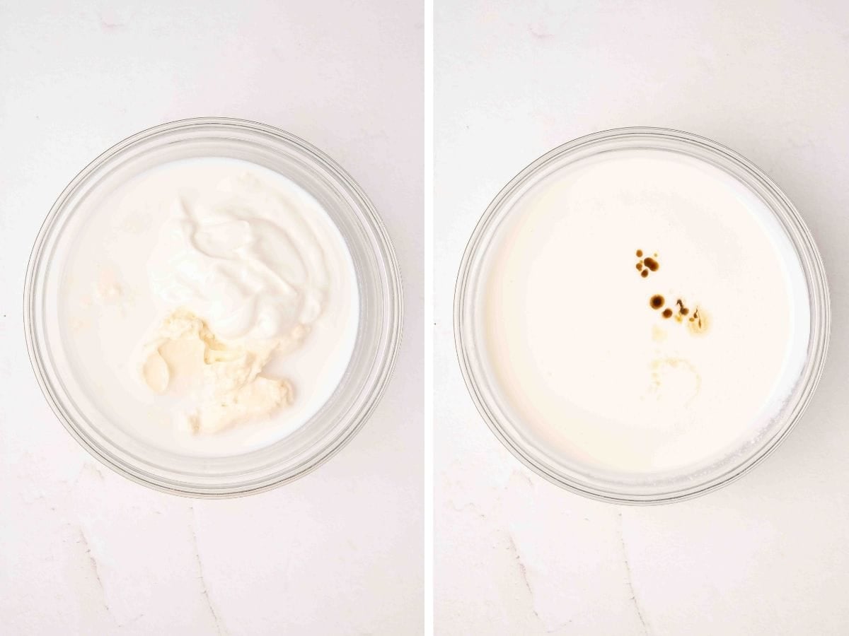 Side-by-side process photos showing mayonnaise, sour cream, and buttermilk whisked together in a glass bowl, then topped with dried herbs and spices before mixing