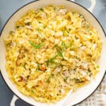 overhead tuna noodle casserole with potato chips