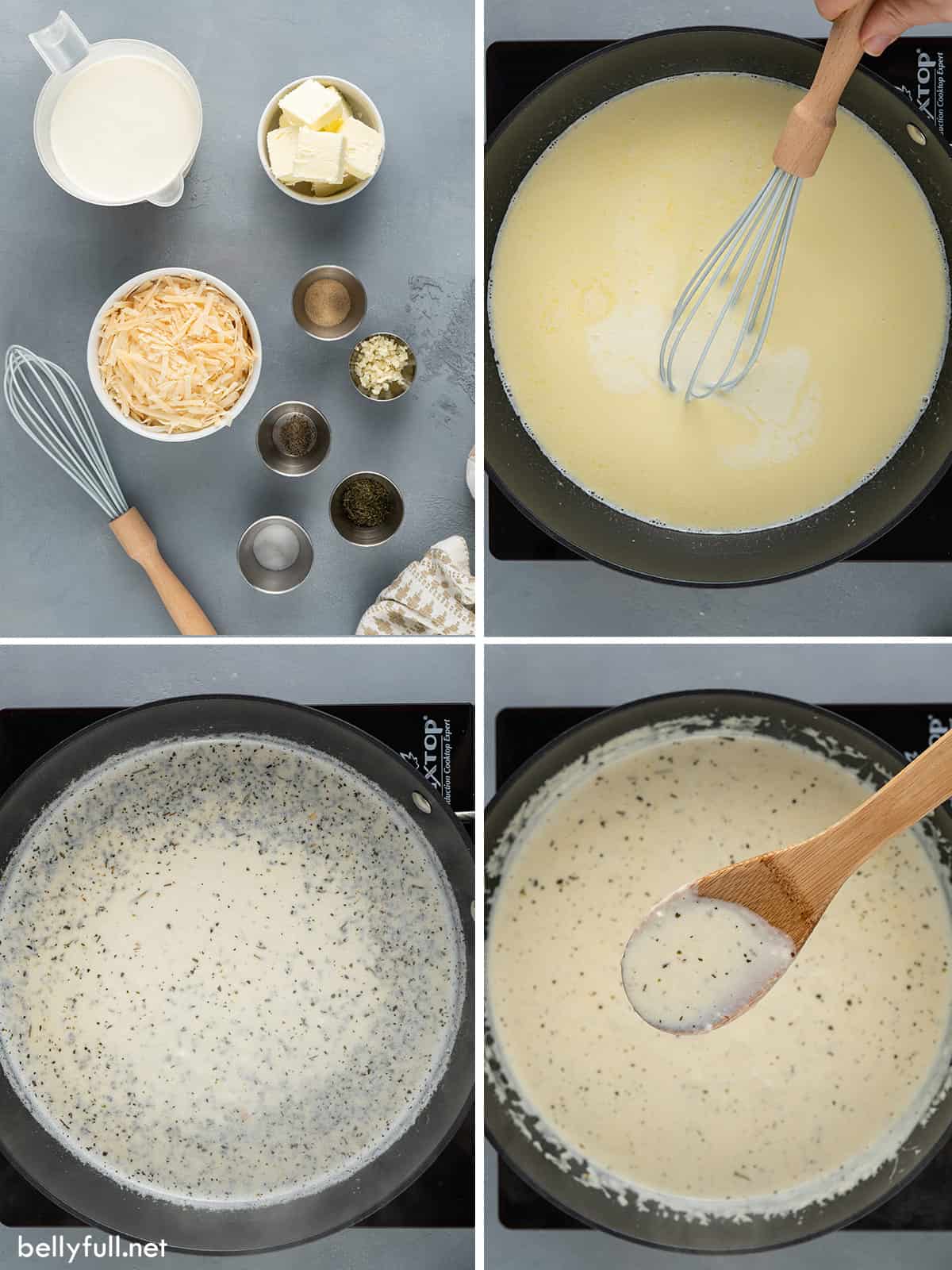 4 picture collage of homemade Alfredo sauce being made