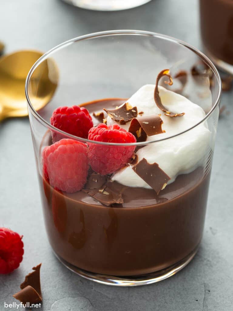 Chocolate pudding with raspberries and chocolate shavings in a glass cup