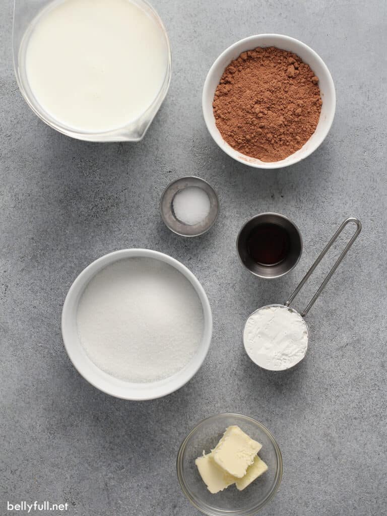 Ingredients to make chocolate pudding.