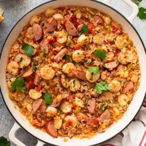 overhead Jambalaya in white dutch oven