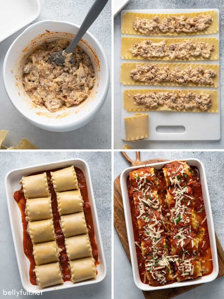 4 picture collage for lasagna rolls being made