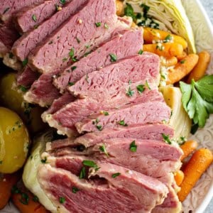 close up sliced corned beef on serving platter