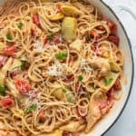 Artichoke pasta in white pan overhead picture