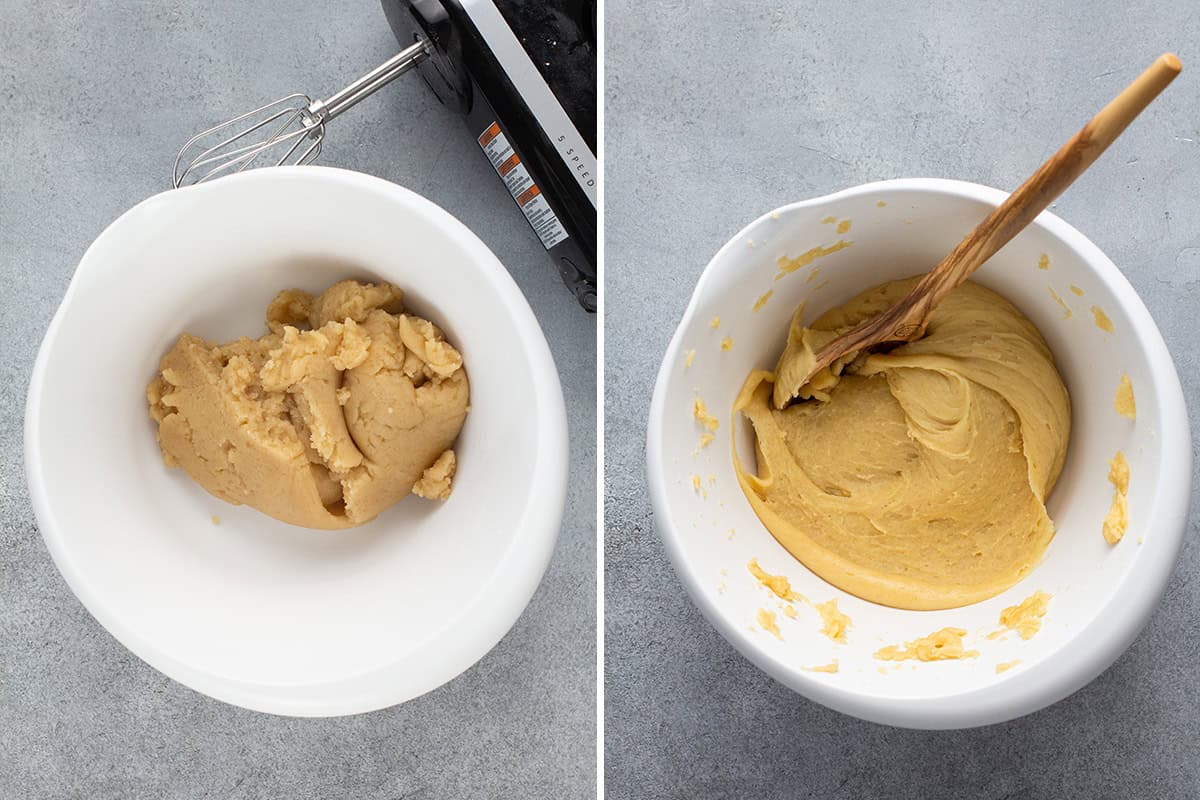 Churro dough in a white bowl with a hand mixer and the dough in a white bowl with a wooden spoon.