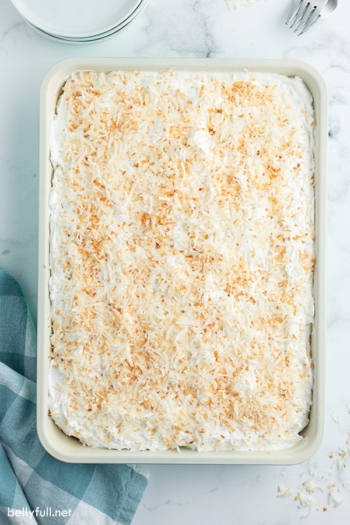 creamy coconut cake with toasted coconut overhead