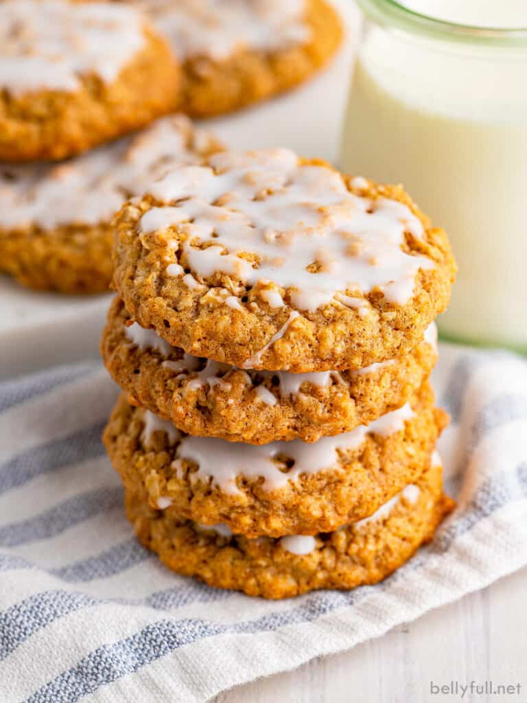 stack of 4 homemade iced oatmeal cookies