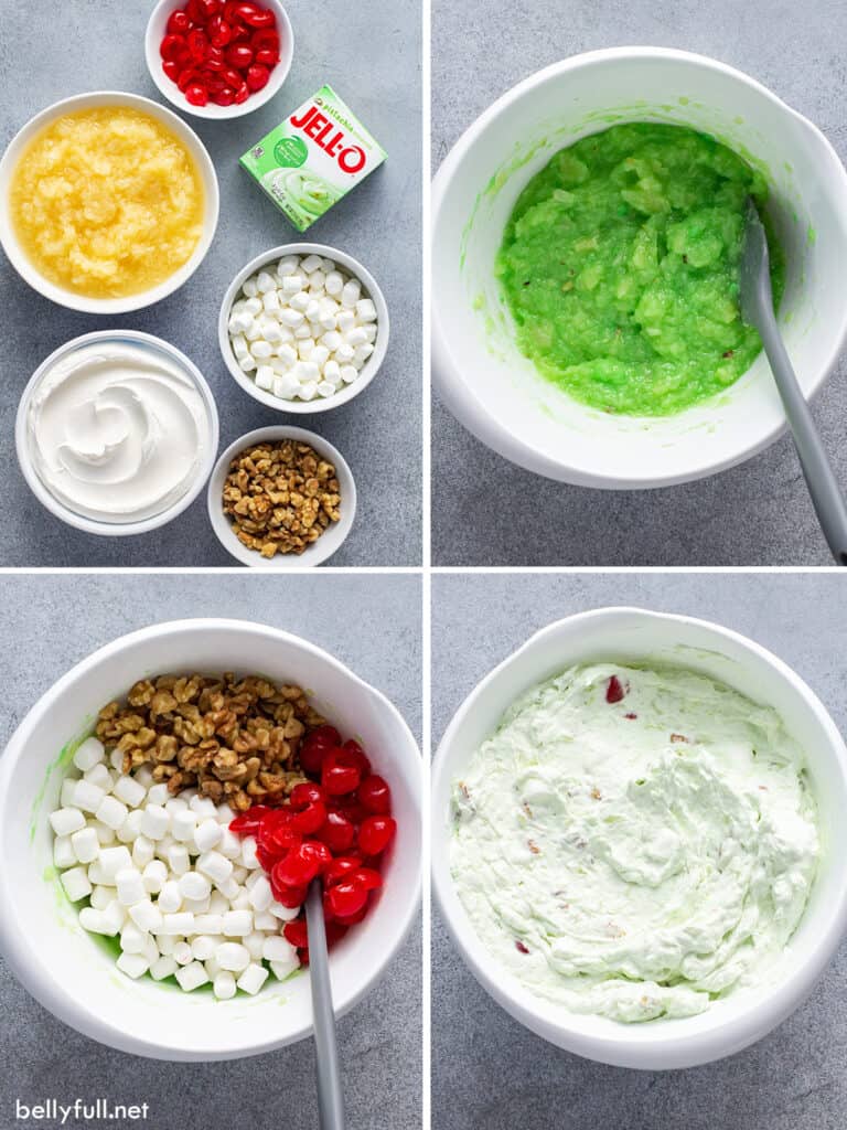 4 picture collage for how to make Watergate Salad