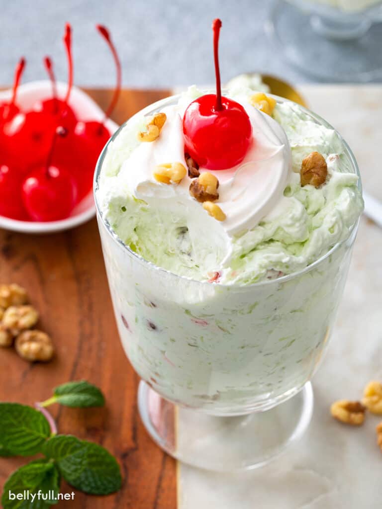 Pistachio Fluff in parfait glass with bite taken