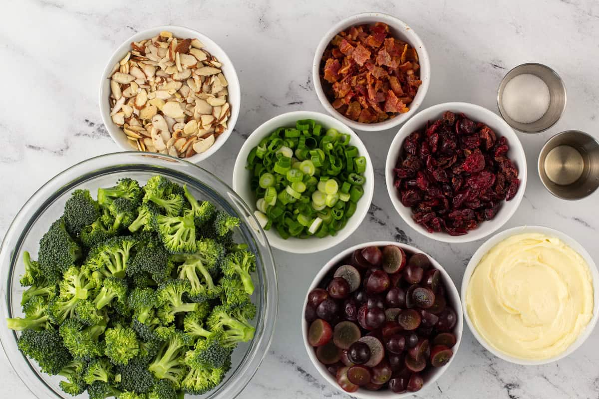 Ingredients to make broccoli salad.