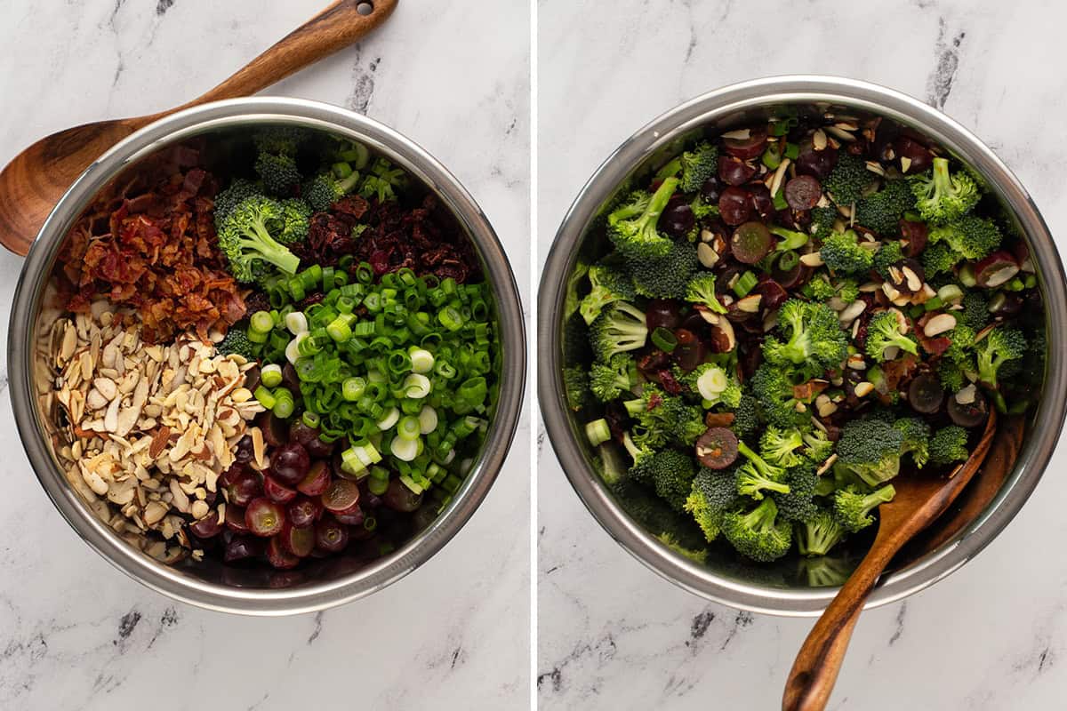Two images, combining the dry ingredients to make broccoli salad.