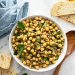 overhead white serving bowl filled with Chickpea Salad