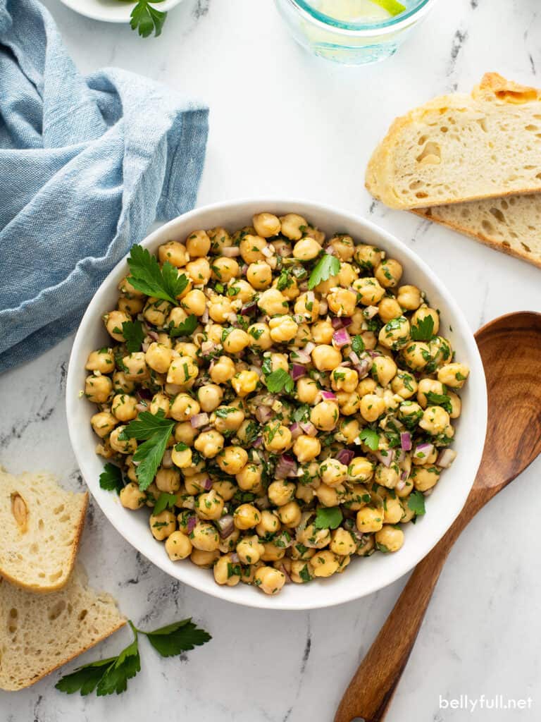 overhead white serving bowl filled with Chickpea Salad