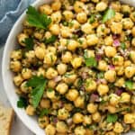 overhead close up white serving bowl filled with Chickpea Salad