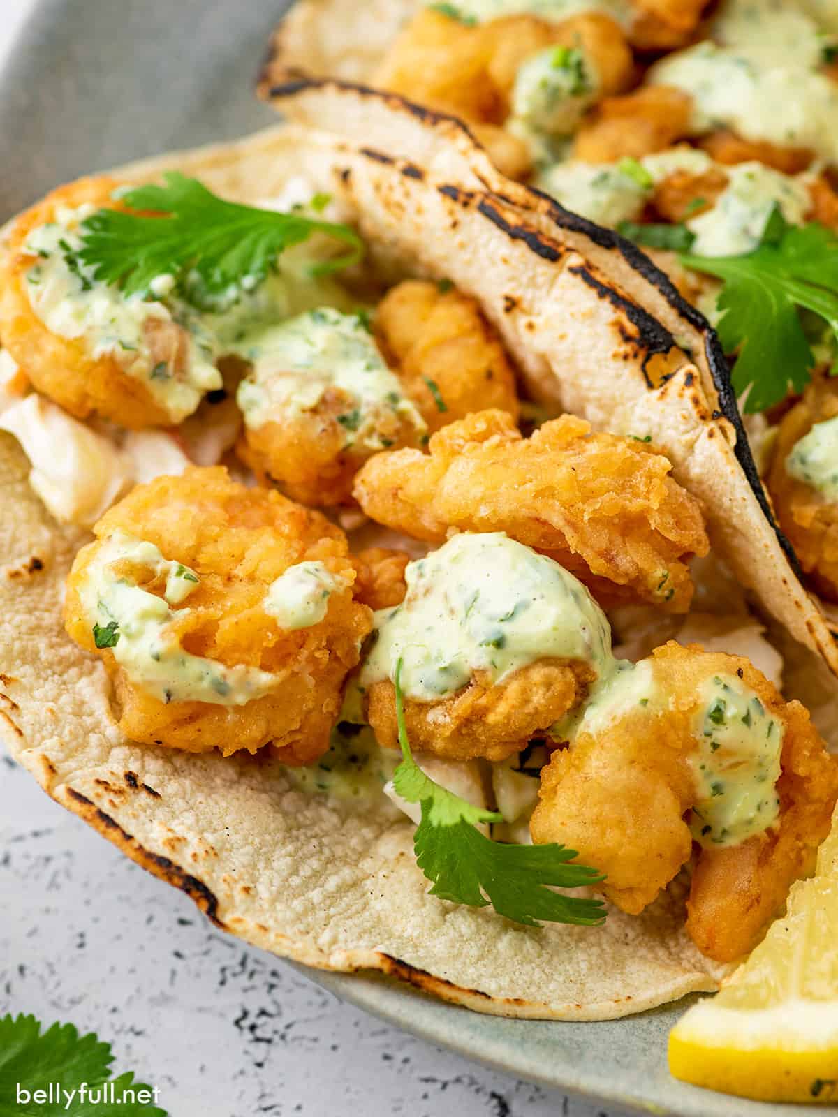 Fried Shrimp Tacos with CilantroLime Sauce Belly Full