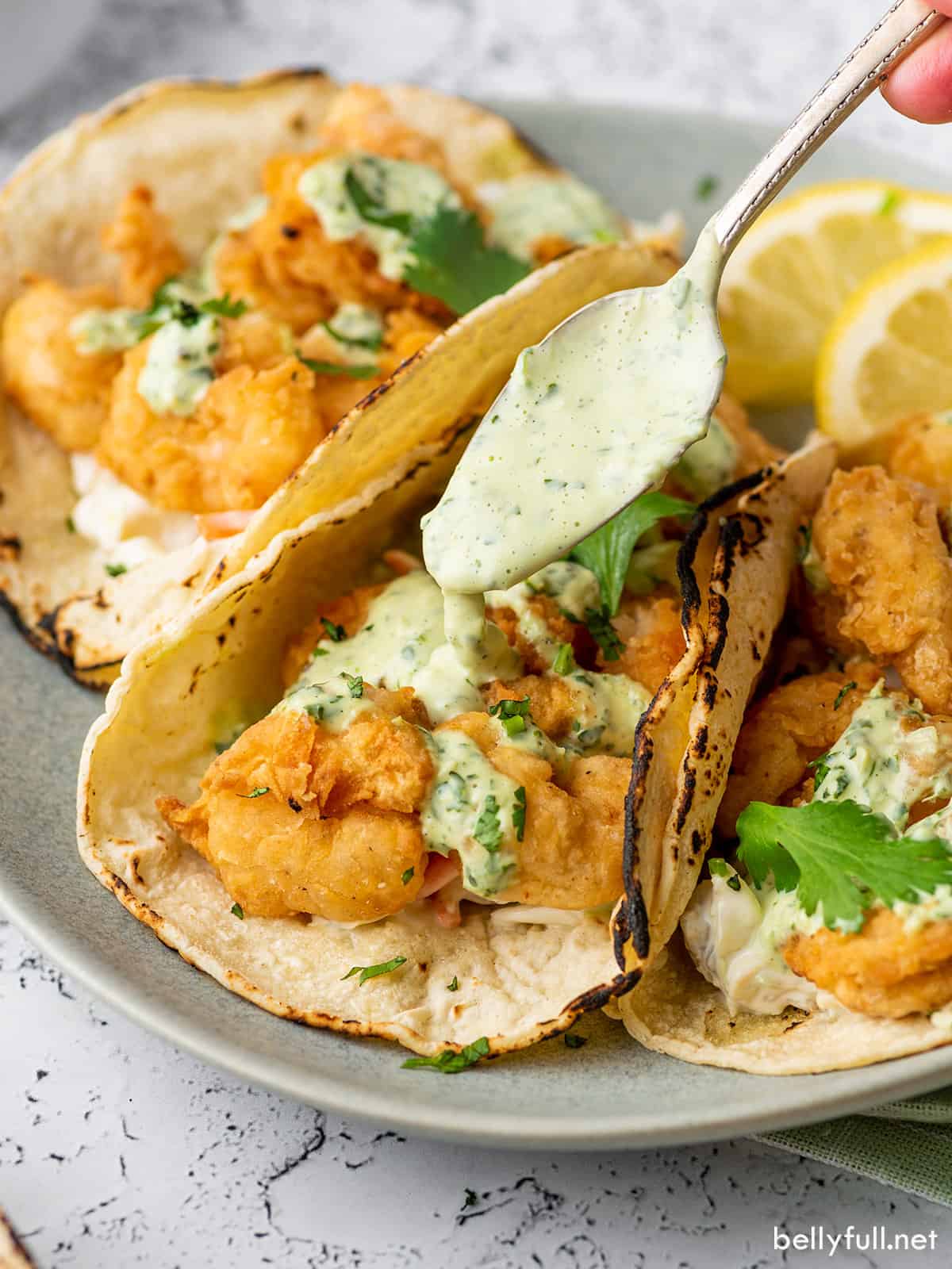 Fried Shrimp Tacos with CilantroLime Sauce Belly Full