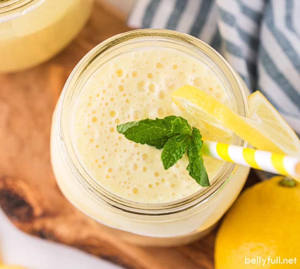 overhead smoothie in glass jar with mint garnish