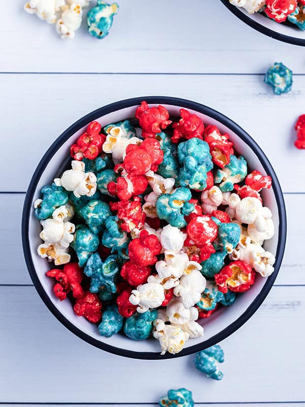 4th of July caramel popcorn in bowl