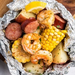 overhead close up view of shrimp boil foil packet