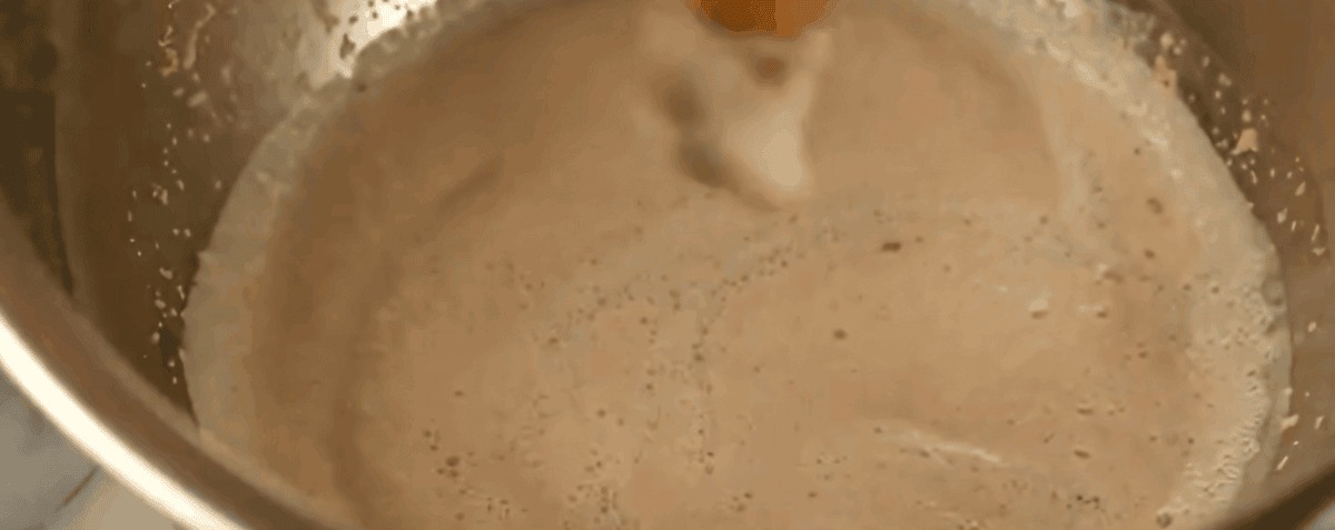 Yeast foaming in a stainless steel bowl.