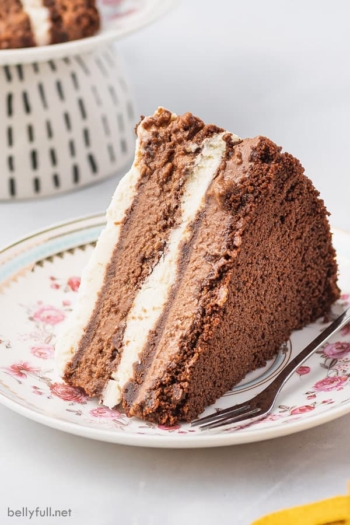 slice of chocolate icebox cake on flower patterned plate