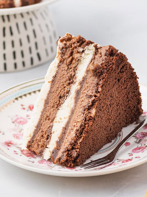 slice of chocolate icebox cake on flower patterned plate
