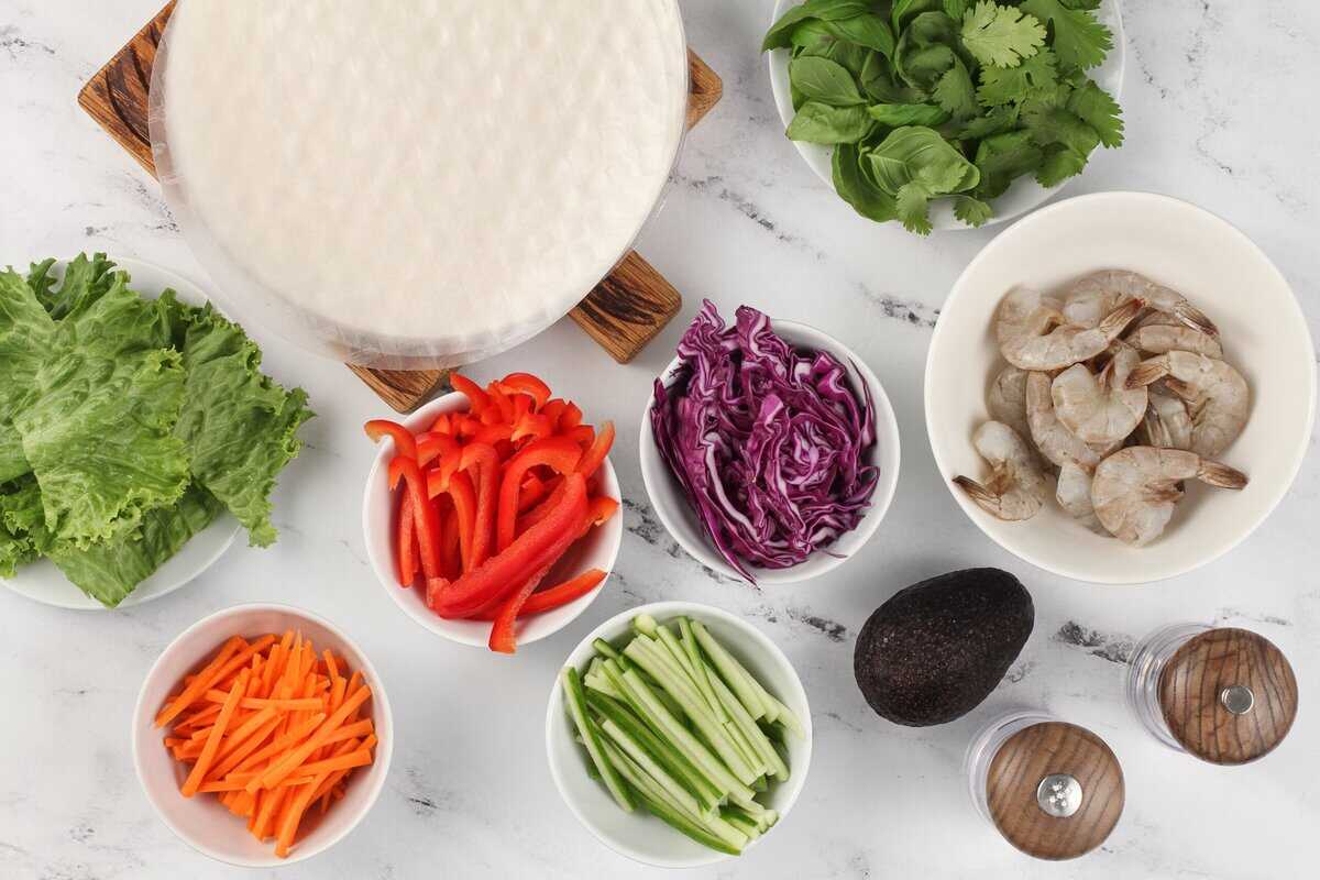 Ingredients to make fresh spring rolls.
