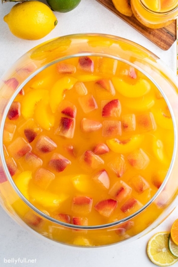 overhead punch bowl filled with fruit punch and strawberry fruit ice cubes