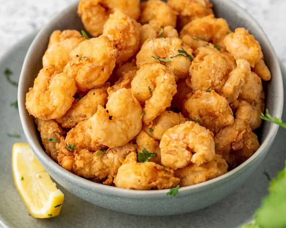 Popcorn shrimp in a bowl.
