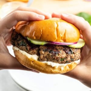 hands holding grilled turkey burger on bun