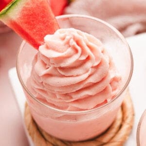Overhead view of a dish of watermelon dole whip