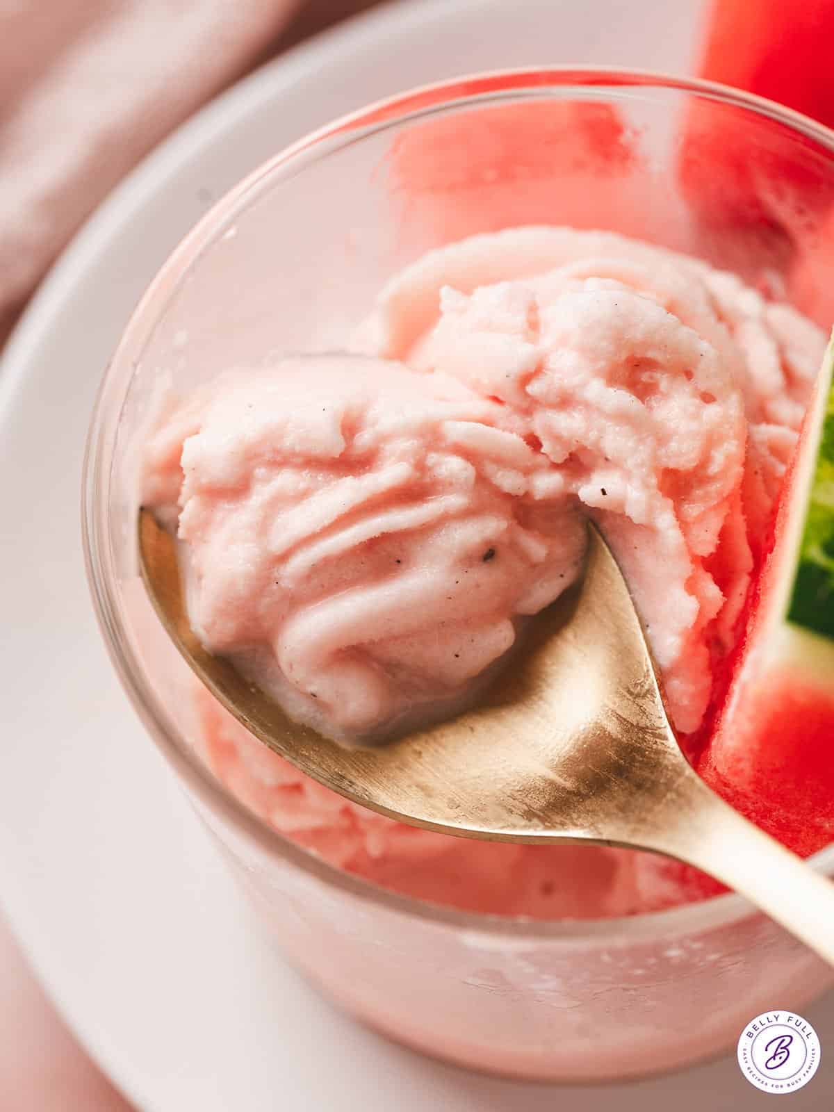 This Watermelon Dole Whip is a luscious, creamy no-bake treat that's so easy to make! It's a light, fruity dessert perfect for summer. A spoon in a bowl of watermelon Dole whip
