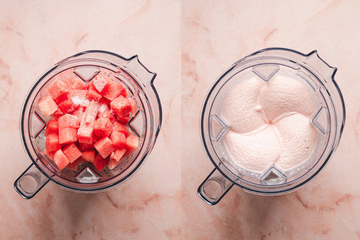 This Watermelon Dole Whip is a luscious, creamy no-bake treat that's so easy to make! It's a light, fruity dessert perfect for summer. Watermelon in a blender before and after being blended
