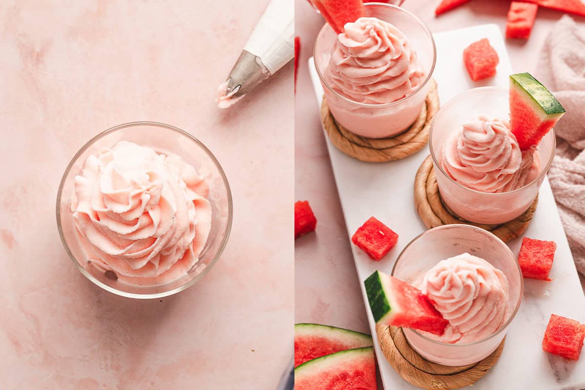 This Watermelon Dole Whip is a luscious, creamy no-bake treat that's so easy to make! It's a light, fruity dessert perfect for summer. Piping watermelon dole whip into cups