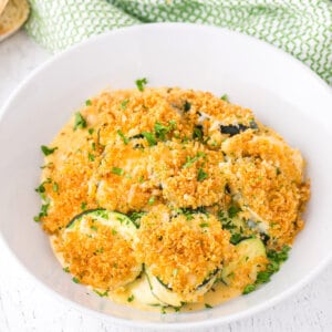 A bowl of baked zucchini casserole