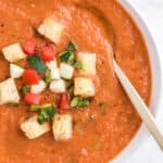 close up overhead of Gazpacho soup